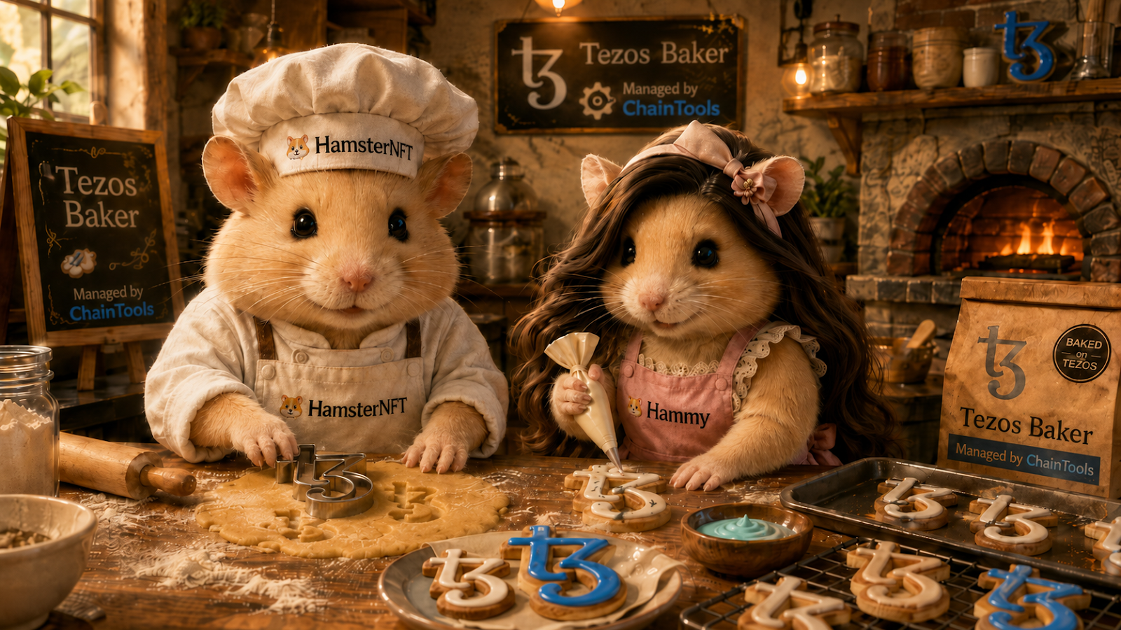 HamsterNFT bakers preparing Tezos-shaped cookies in a warm bakery, managed by ChainTools.